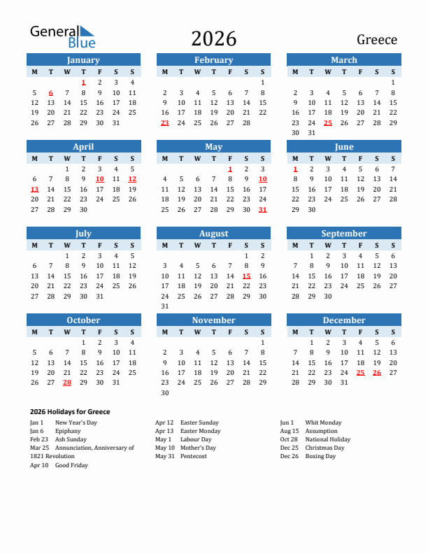 Printable Calendar 2026 with Greece Holidays (Monday Start)