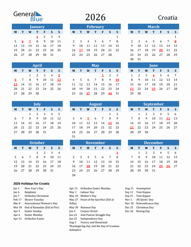 Printable Calendar 2026 with Croatia Holidays (Monday Start)
