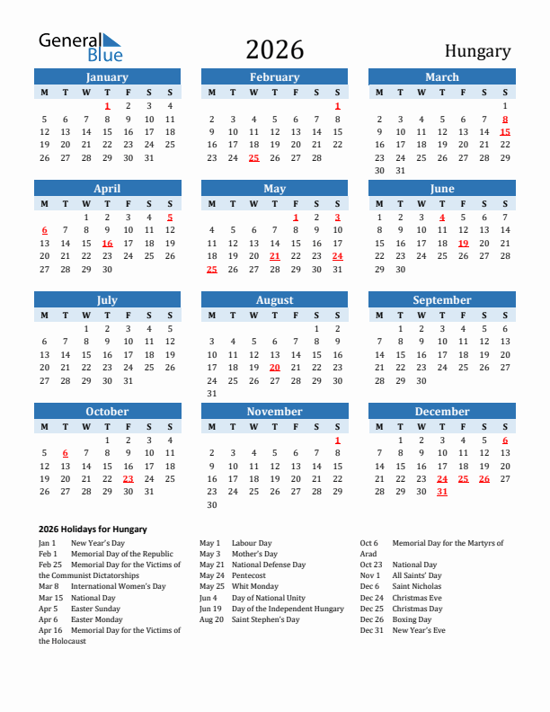 Printable Calendar 2026 with Hungary Holidays (Monday Start)