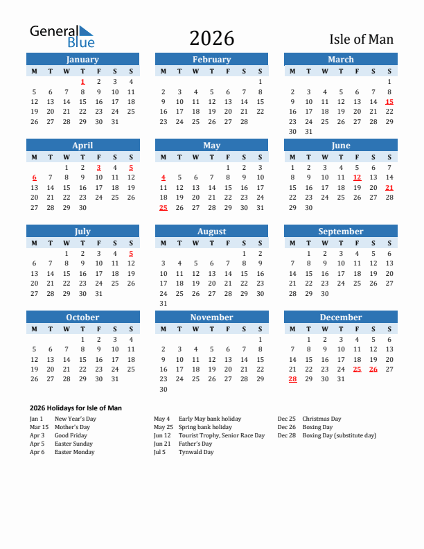 Printable Calendar 2026 with Isle of Man Holidays (Monday Start)
