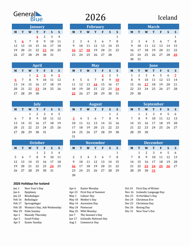 Printable Calendar 2026 with Iceland Holidays (Monday Start)