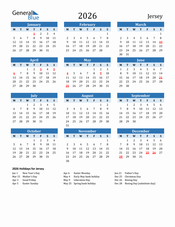 Printable Calendar 2026 with Jersey Holidays (Monday Start)