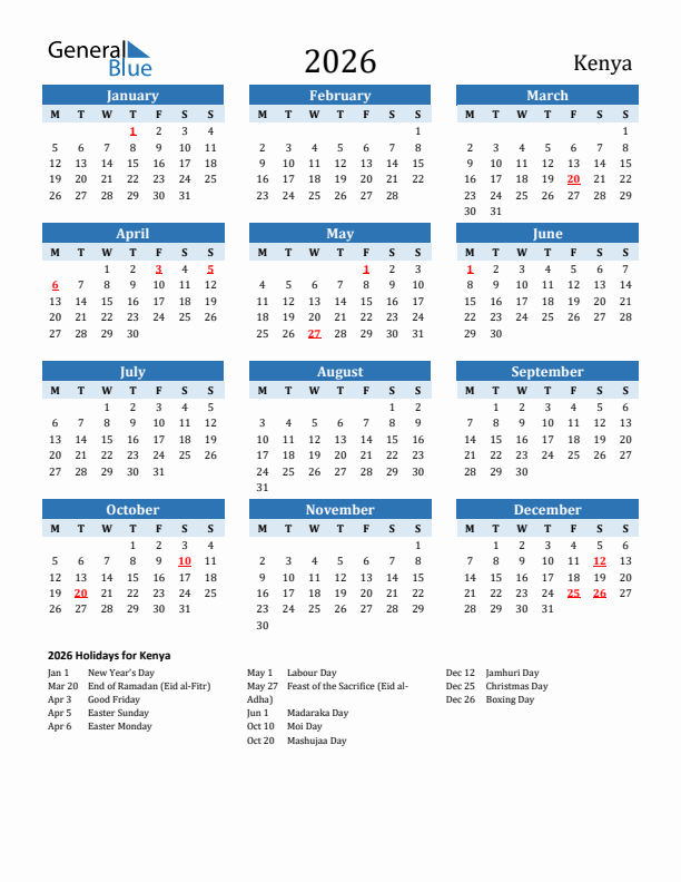Printable Calendar 2026 with Kenya Holidays (Monday Start)