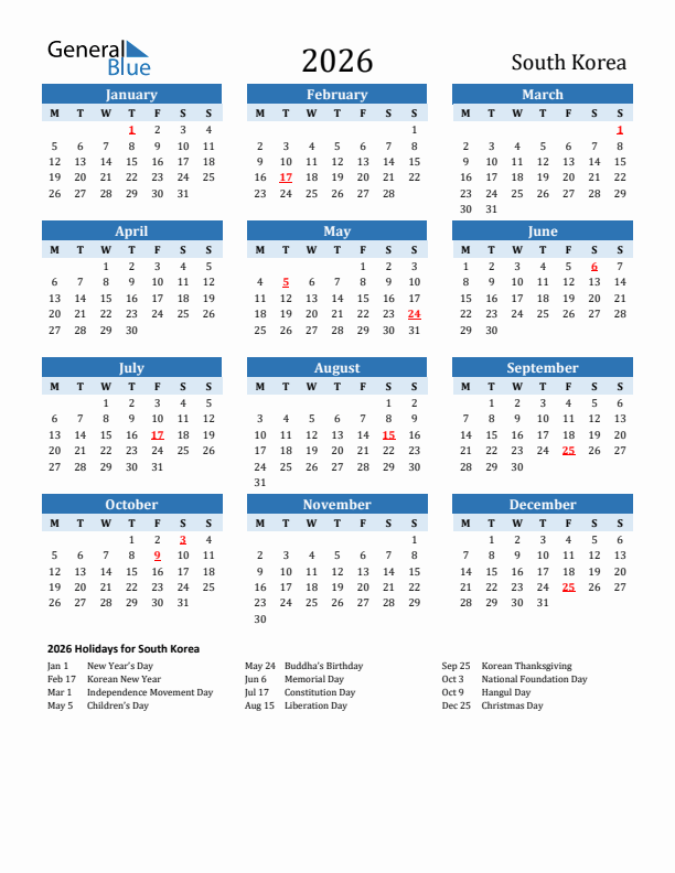Printable Calendar 2026 with South Korea Holidays (Monday Start)