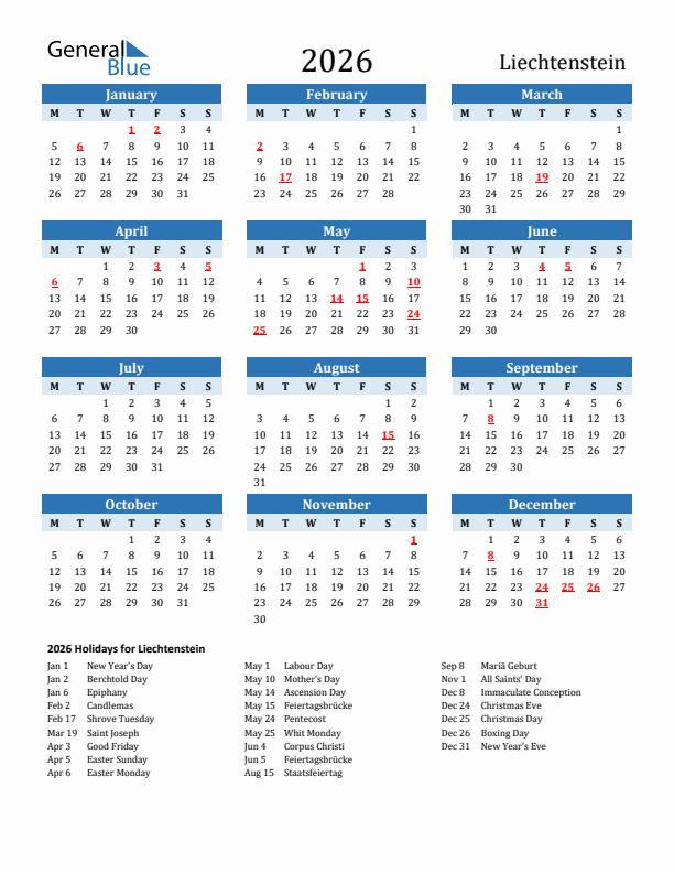 Printable Calendar 2026 with Liechtenstein Holidays (Monday Start)