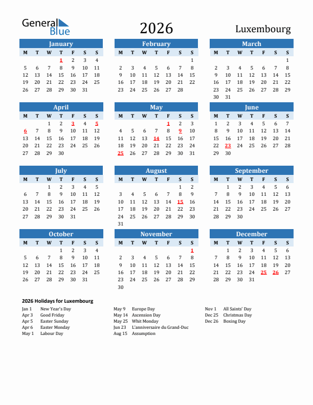 Printable Calendar 2026 with Luxembourg Holidays (Monday Start)