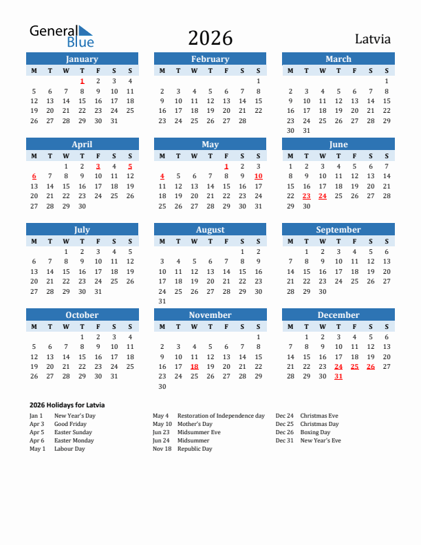 Printable Calendar 2026 with Latvia Holidays (Monday Start)