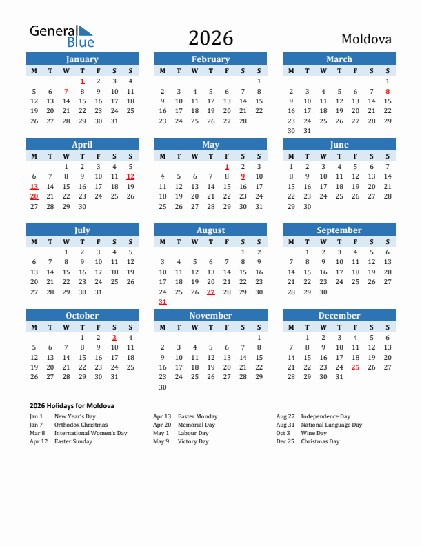 Printable Calendar 2026 with Moldova Holidays (Monday Start)
