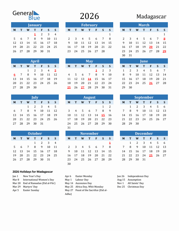 Printable Calendar 2026 with Madagascar Holidays (Monday Start)
