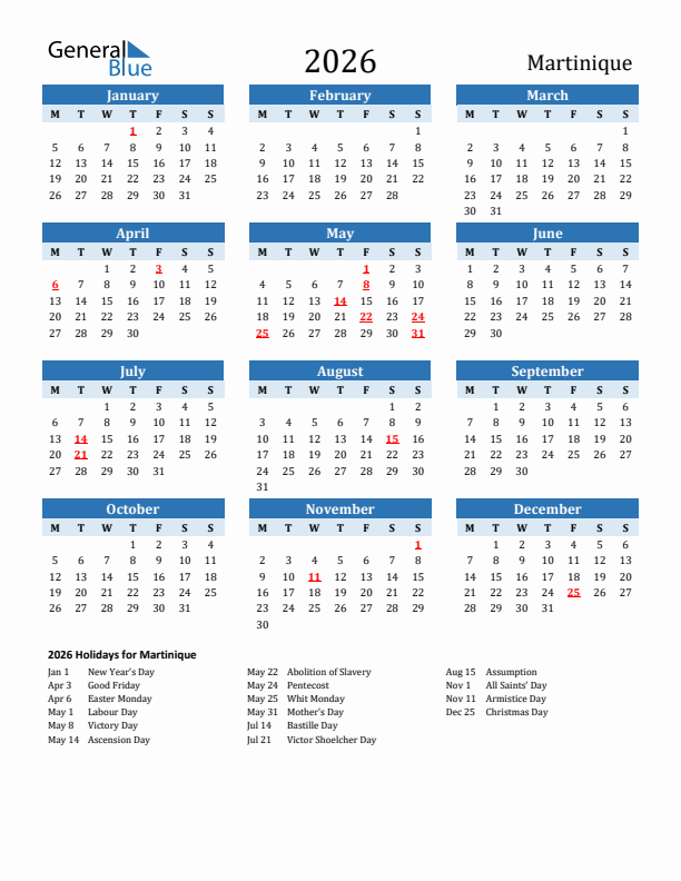 Printable Calendar 2026 with Martinique Holidays (Monday Start)