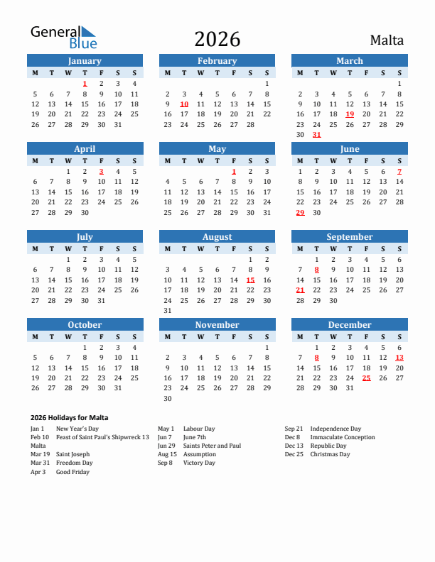 Printable Calendar 2026 with Malta Holidays (Monday Start)
