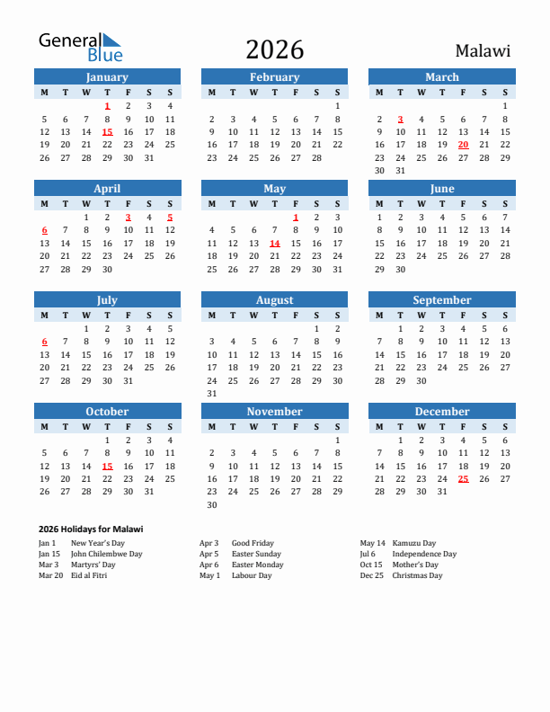 Printable Calendar 2026 with Malawi Holidays (Monday Start)