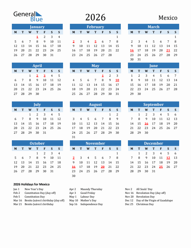 Printable Calendar 2026 with Mexico Holidays (Monday Start)