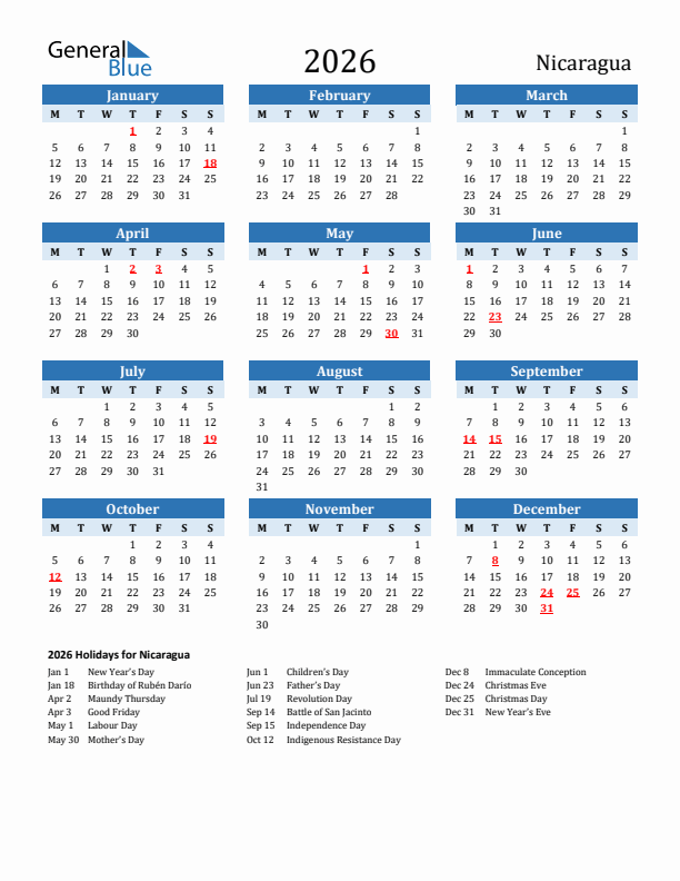 Printable Calendar 2026 with Nicaragua Holidays (Monday Start)