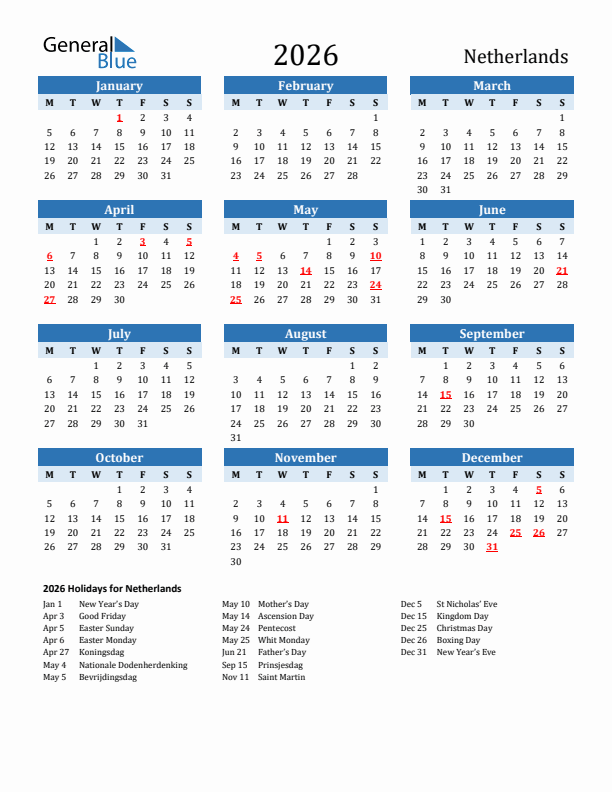 Printable Calendar 2026 with The Netherlands Holidays (Monday Start)