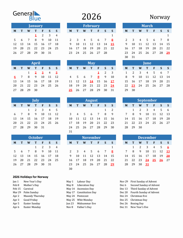 Printable Calendar 2026 with Norway Holidays (Monday Start)