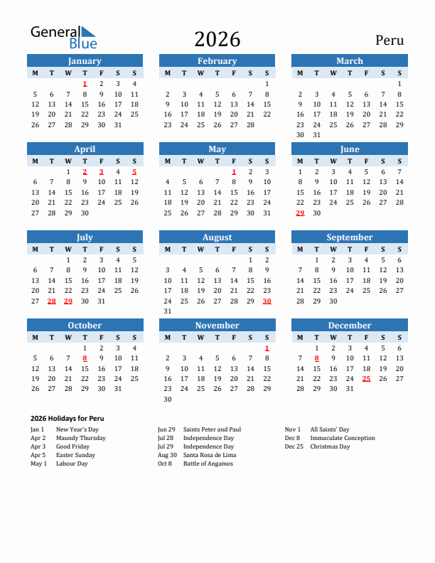 Printable Calendar 2026 with Peru Holidays (Monday Start)