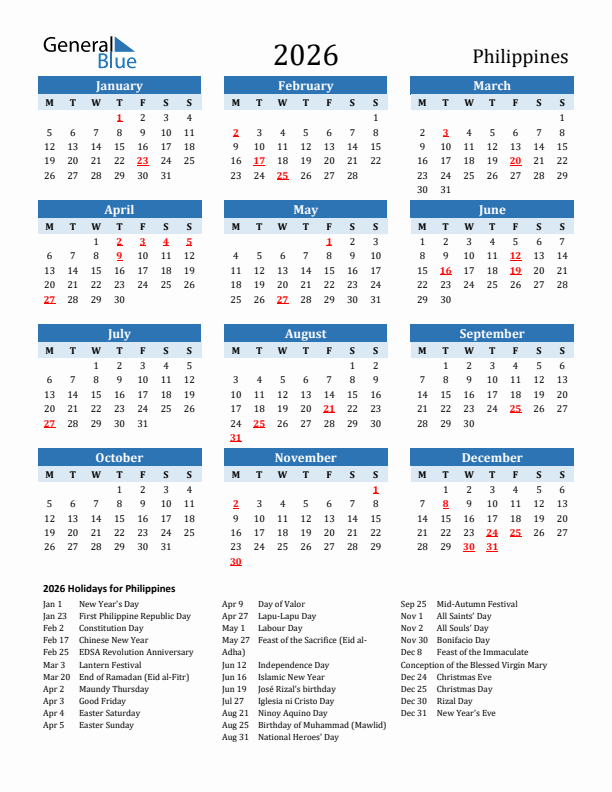 Printable Calendar 2026 with Philippines Holidays (Monday Start)