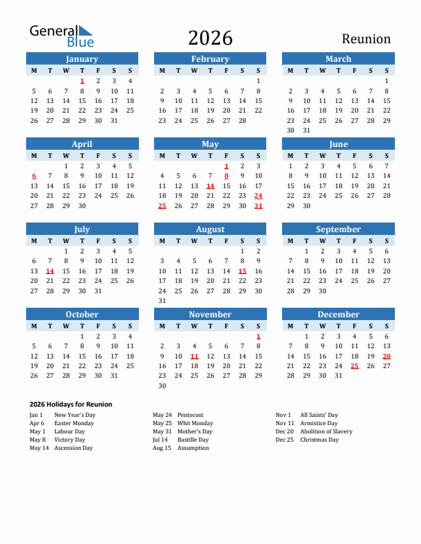 Printable Calendar 2026 with Reunion Holidays (Monday Start)