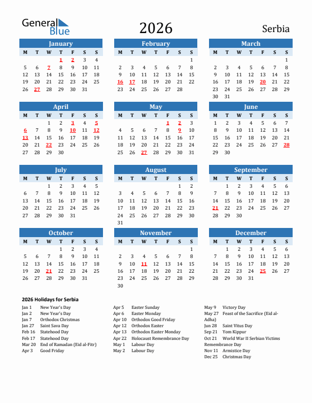 Printable Calendar 2026 with Serbia Holidays (Monday Start)