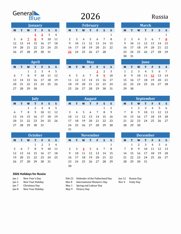 Printable Calendar 2026 with Russia Holidays (Monday Start)