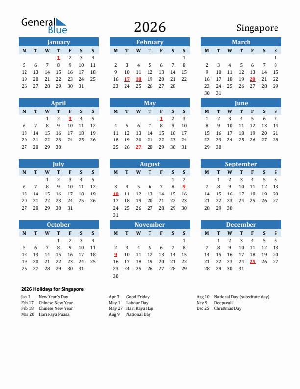 Printable Calendar 2026 with Singapore Holidays (Monday Start)