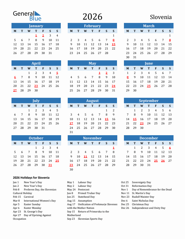 Printable Calendar 2026 with Slovenia Holidays (Monday Start)