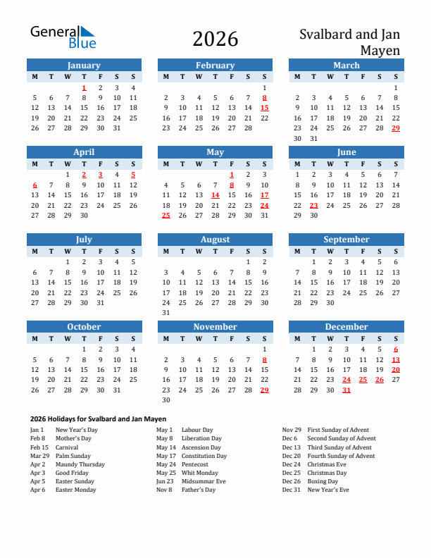 Printable Calendar 2026 with Svalbard and Jan Mayen Holidays (Monday Start)