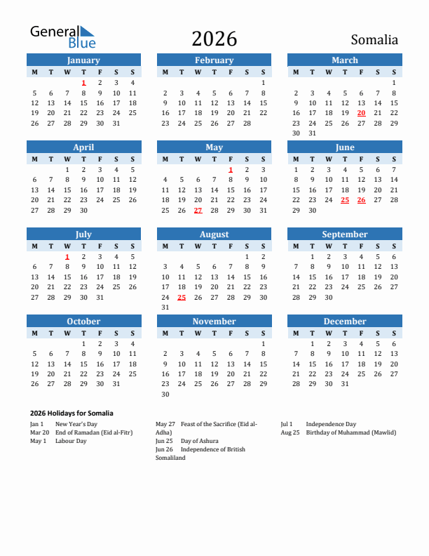 Printable Calendar 2026 with Somalia Holidays (Monday Start)