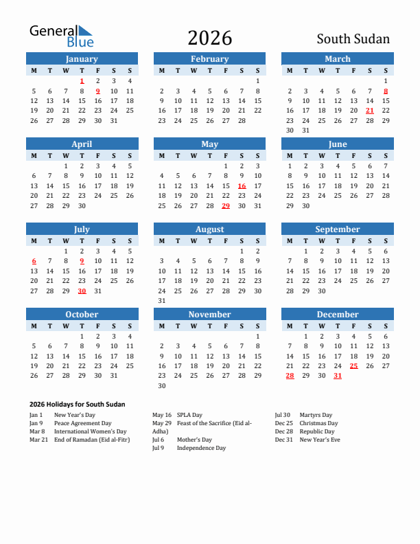Printable Calendar 2026 with South Sudan Holidays (Monday Start)