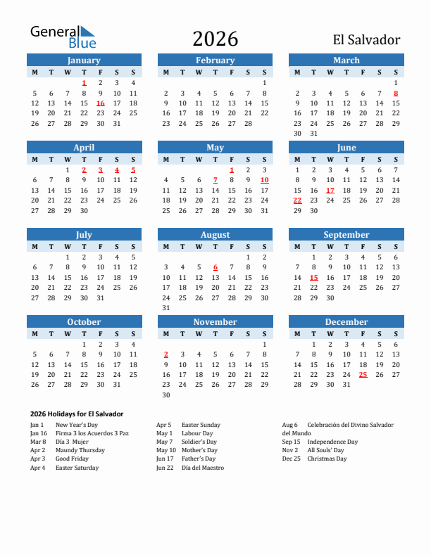 Printable Calendar 2026 with El Salvador Holidays (Monday Start)
