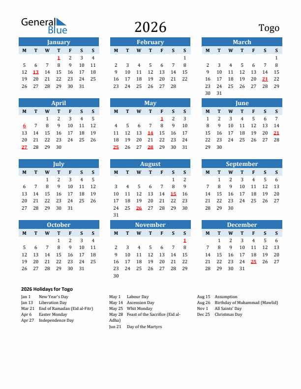 Printable Calendar 2026 with Togo Holidays (Monday Start)