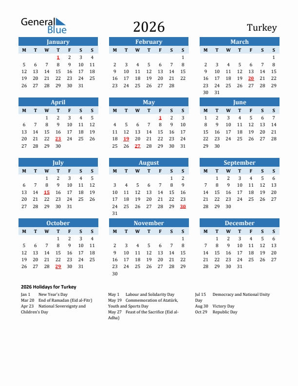 Printable Calendar 2026 with Turkey Holidays (Monday Start)