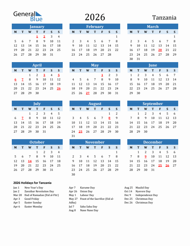 Printable Calendar 2026 with Tanzania Holidays (Monday Start)