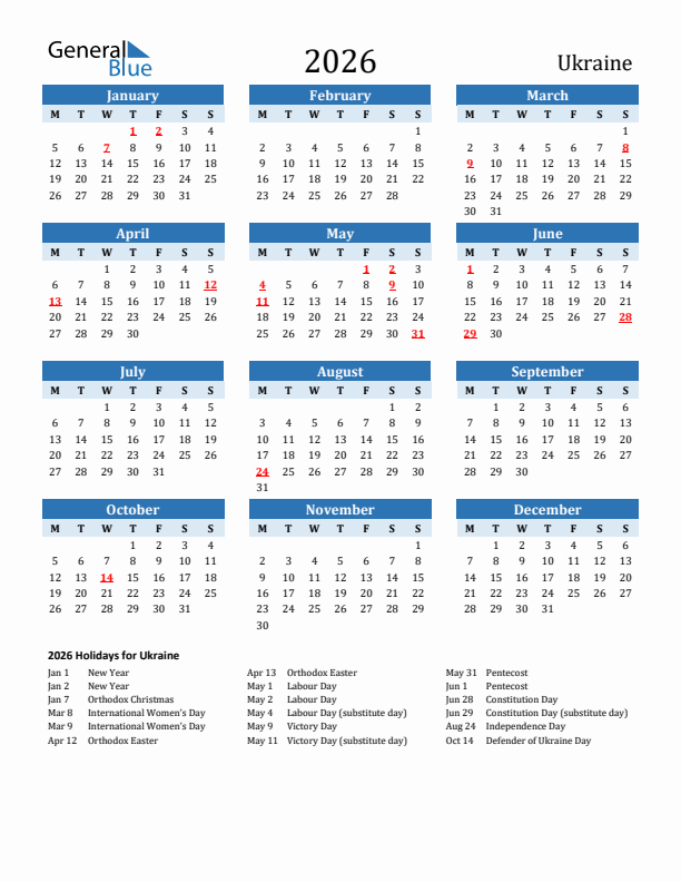 Printable Calendar 2026 with Ukraine Holidays (Monday Start)