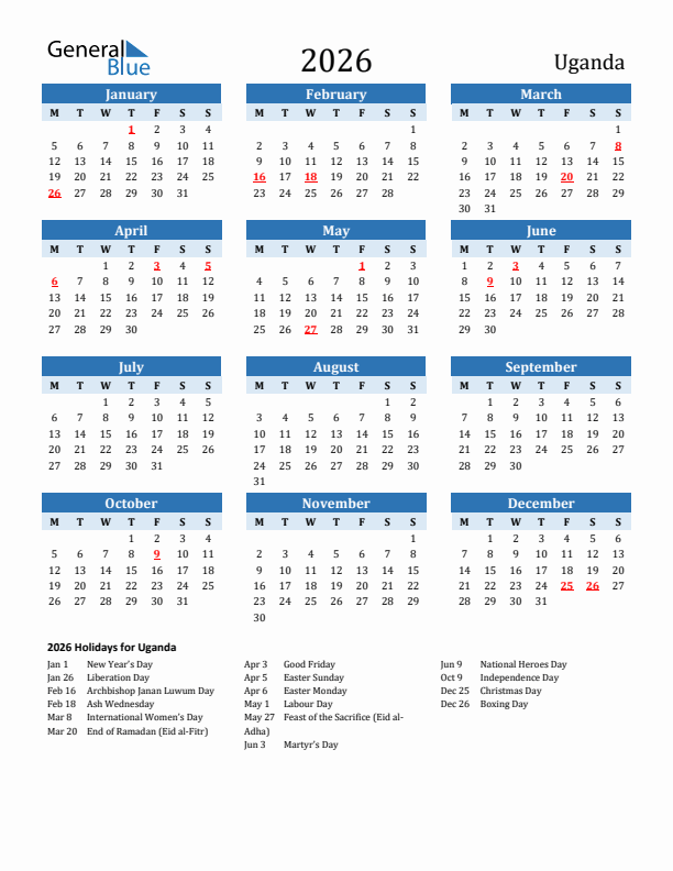 Printable Calendar 2026 with Uganda Holidays (Monday Start)