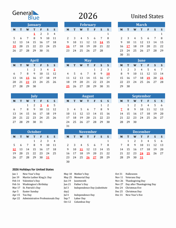 Printable Calendar 2026 with United States Holidays (Monday Start)