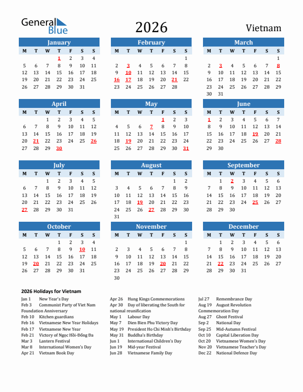 Printable Calendar 2026 with Vietnam Holidays (Monday Start)