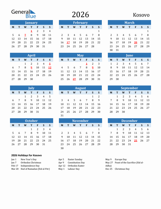 Printable Calendar 2026 with Kosovo Holidays (Monday Start)