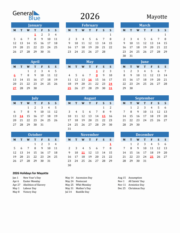 Printable Calendar 2026 with Mayotte Holidays (Monday Start)