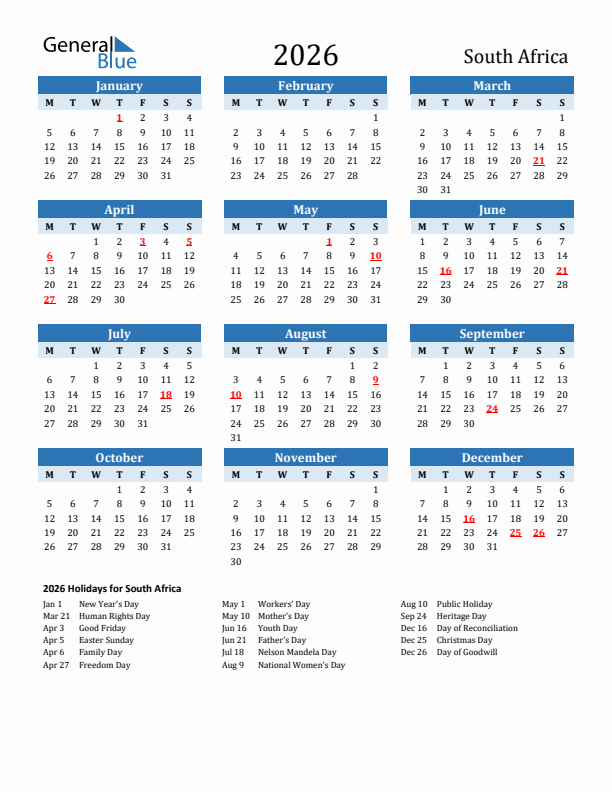Printable Calendar 2026 with South Africa Holidays (Monday Start)
