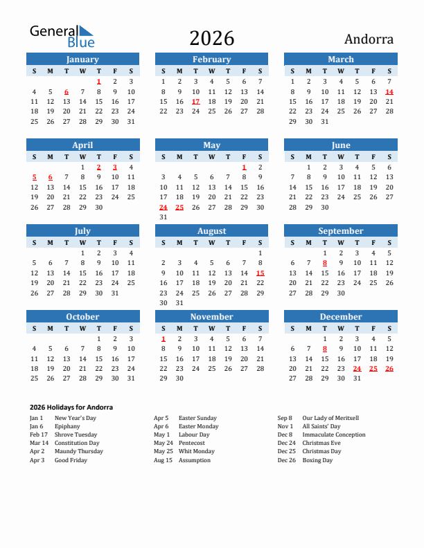 Printable Calendar 2026 with Andorra Holidays (Sunday Start)