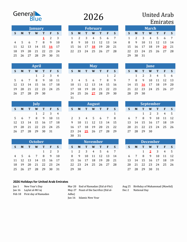 Printable Calendar 2026 with United Arab Emirates Holidays (Sunday Start)