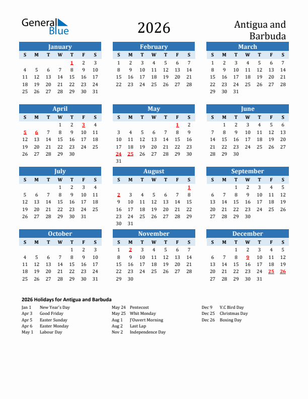 Printable Calendar 2026 with Antigua and Barbuda Holidays (Sunday Start)