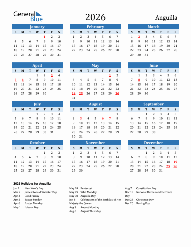 Printable Calendar 2026 with Anguilla Holidays (Sunday Start)