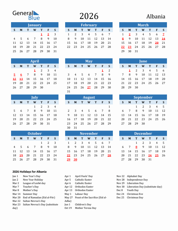 Printable Calendar 2026 with Albania Holidays (Sunday Start)