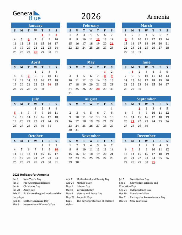 Printable Calendar 2026 with Armenia Holidays (Sunday Start)