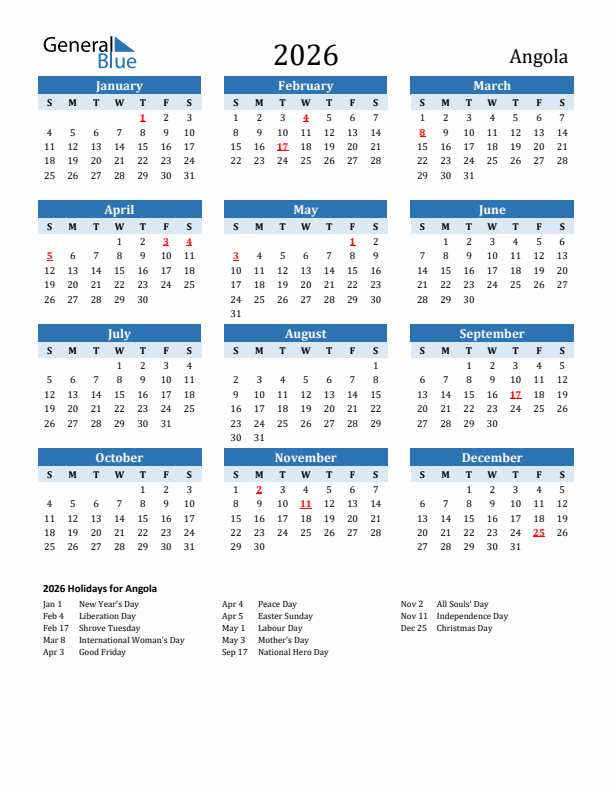 Printable Calendar 2026 with Angola Holidays (Sunday Start)