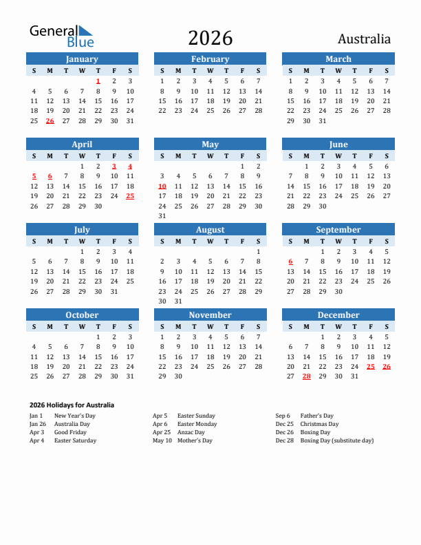 Printable Calendar 2026 with Australia Holidays (Sunday Start)