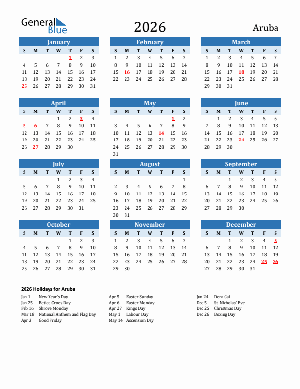 Printable Calendar 2026 with Aruba Holidays (Sunday Start)
